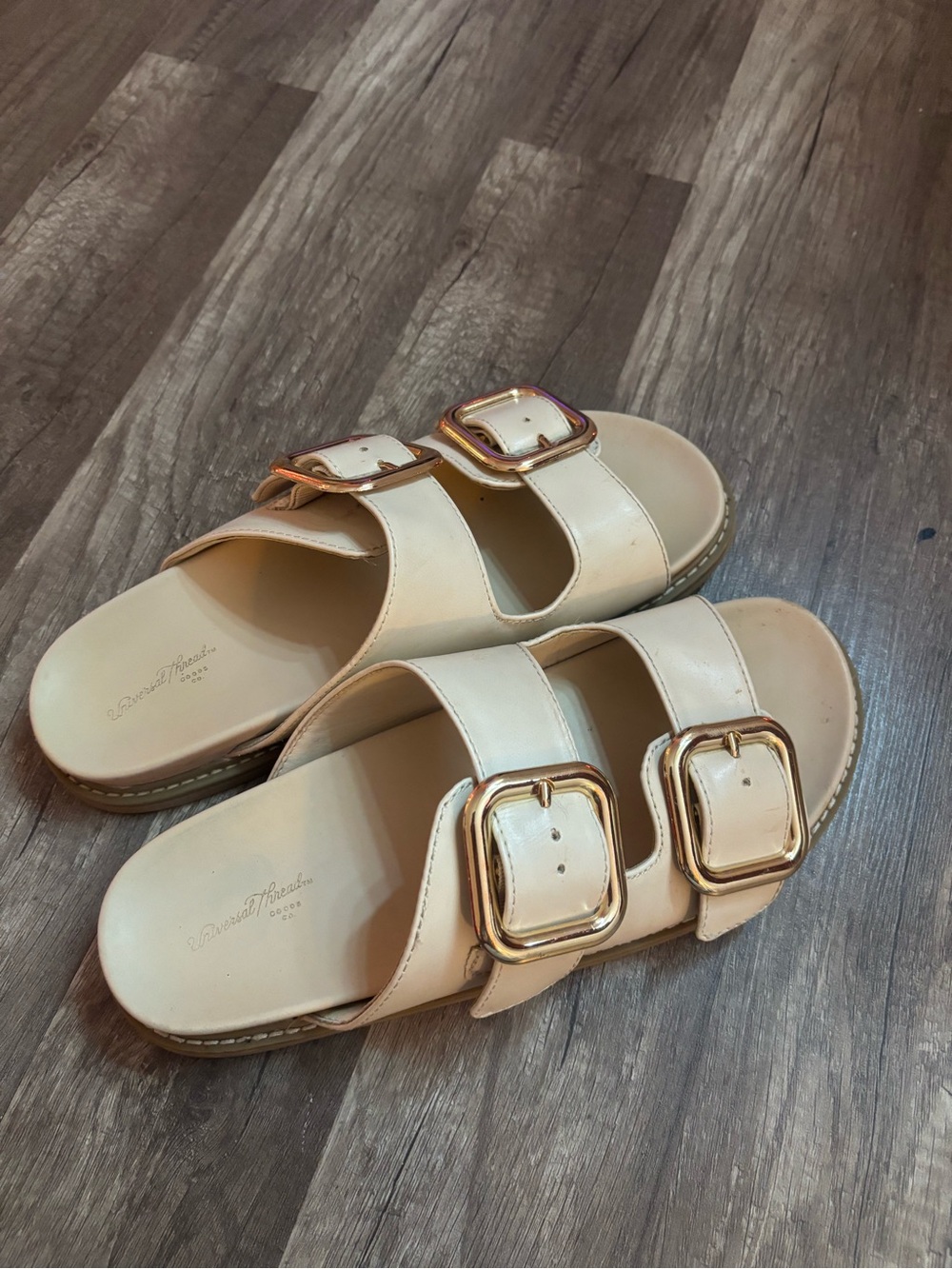 Universal Thread Cream Double-Buckle Slide Sandals with Gold Buckles
